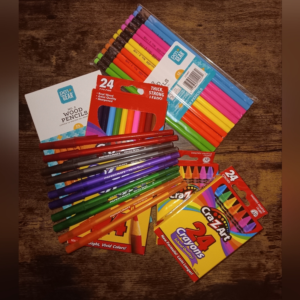 Colorful Art Supplies School Set Homeschool Pencils Pens Crayons Bright Colors